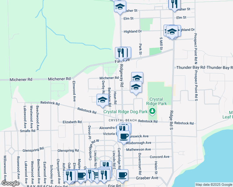 map of restaurants, bars, coffee shops, grocery stores, and more near 88 Haun Road in Fort Erie