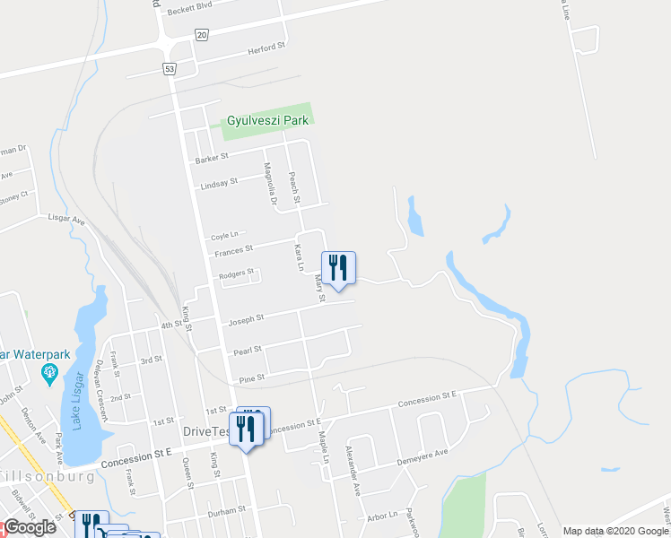 map of restaurants, bars, coffee shops, grocery stores, and more near 89 Kara Lane in Tillsonburg