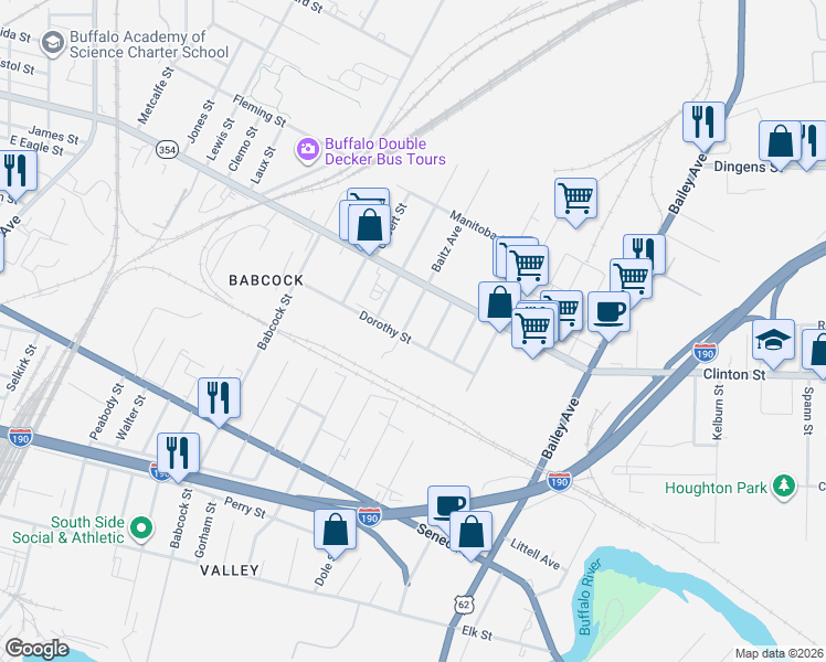 map of restaurants, bars, coffee shops, grocery stores, and more near 43 Baitz Avenue in Buffalo