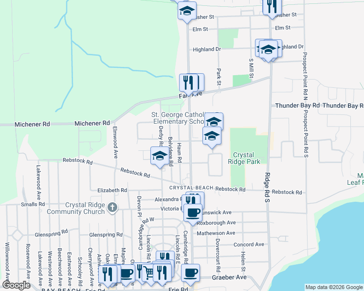 map of restaurants, bars, coffee shops, grocery stores, and more near 91 Ridgeway Road in Fort Erie