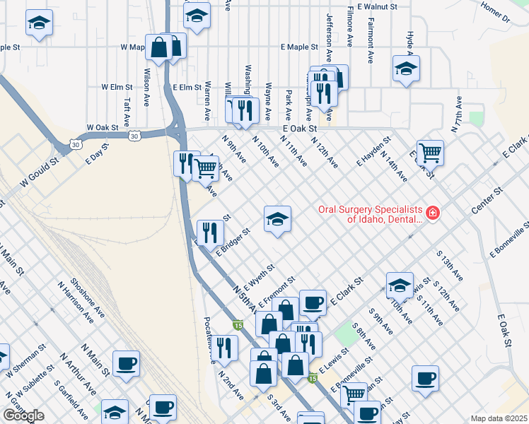 map of restaurants, bars, coffee shops, grocery stores, and more near 878 East Bridger Street in Pocatello