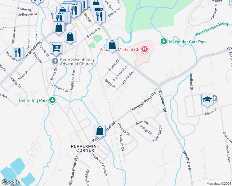 map of restaurants, bars, coffee shops, grocery stores, and more near 30 Summit Avenue in Derry