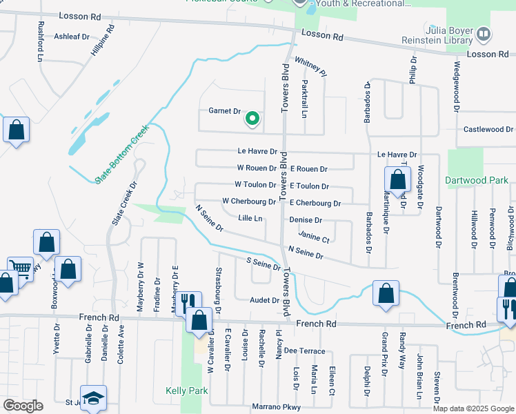 map of restaurants, bars, coffee shops, grocery stores, and more near 55 Lille Lane in Cheektowaga