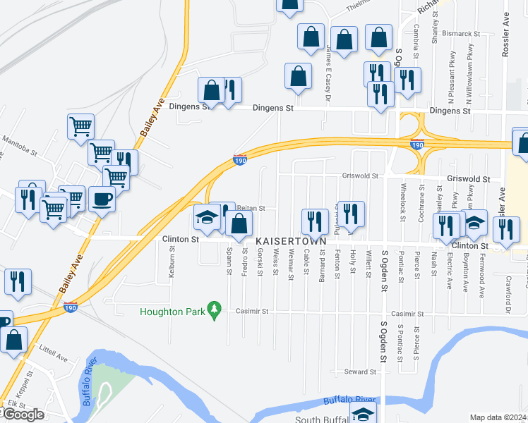map of restaurants, bars, coffee shops, grocery stores, and more near 36 Krakow Street in Buffalo