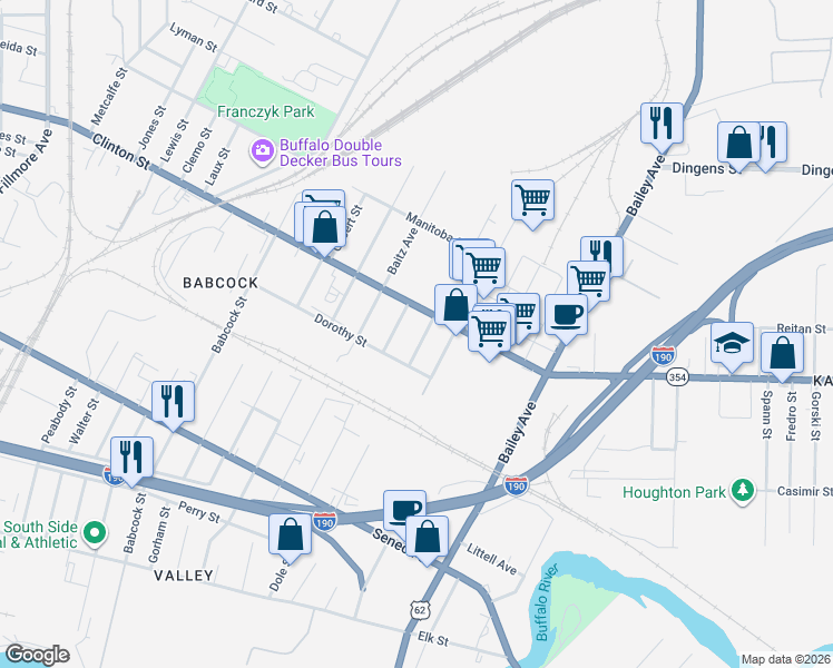 map of restaurants, bars, coffee shops, grocery stores, and more near 26 Hobart Street in Buffalo