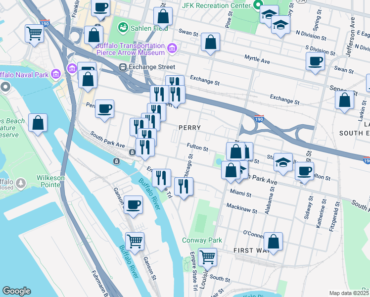 map of restaurants, bars, coffee shops, grocery stores, and more near 292 South Park Avenue in Buffalo