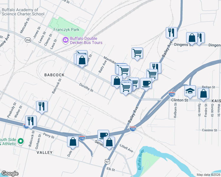 map of restaurants, bars, coffee shops, grocery stores, and more near 37 Hobart Street in Buffalo