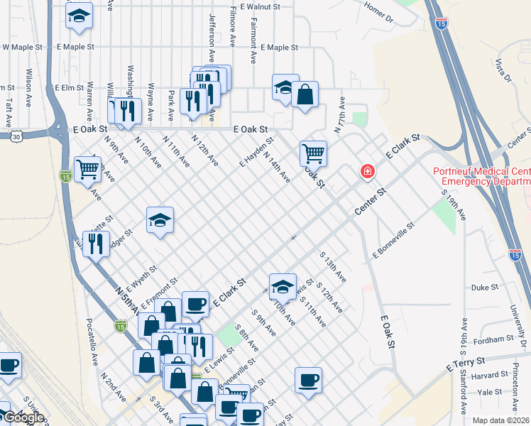 map of restaurants, bars, coffee shops, grocery stores, and more near 330 N 12th Ave in Pocatello