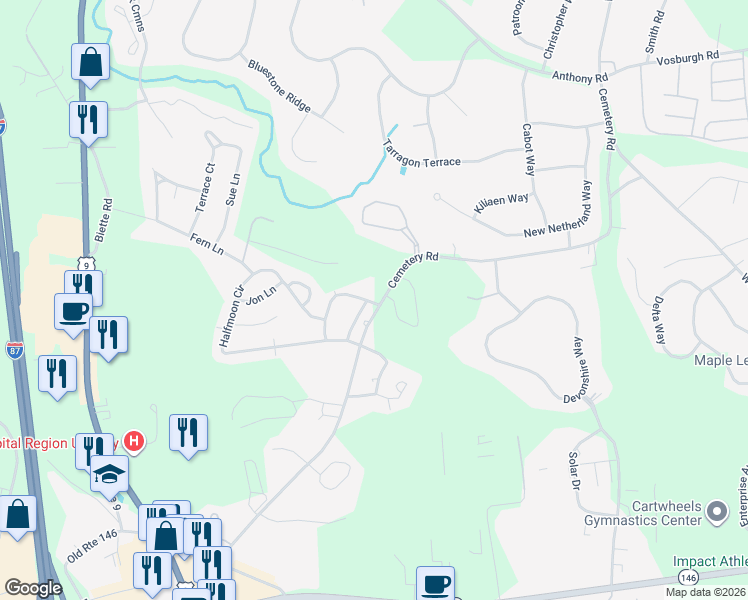 map of restaurants, bars, coffee shops, grocery stores, and more near 39 Mazy Lane in Saratoga County