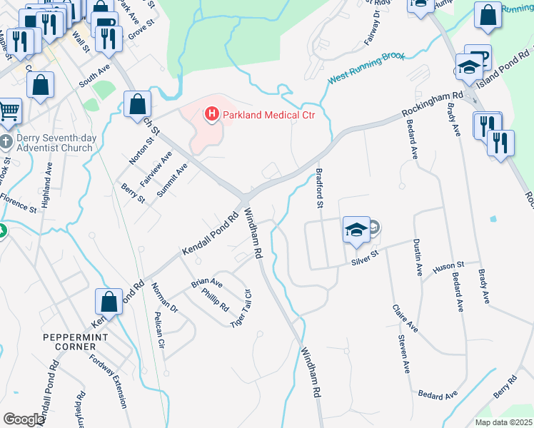 map of restaurants, bars, coffee shops, grocery stores, and more near 6 Sunset Circle in Derry
