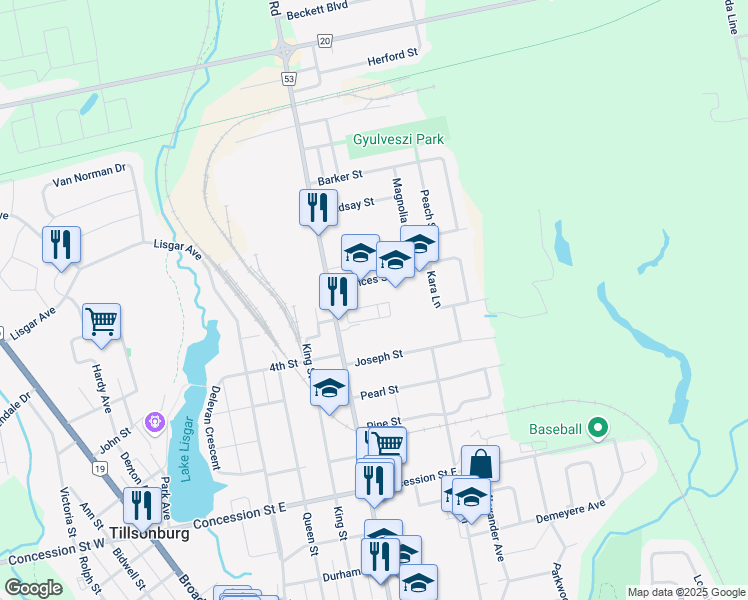 map of restaurants, bars, coffee shops, grocery stores, and more near 22 Rodgers Street in Tillsonburg