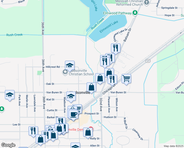 map of restaurants, bars, coffee shops, grocery stores, and more near 3293 Spring St in Hudsonville