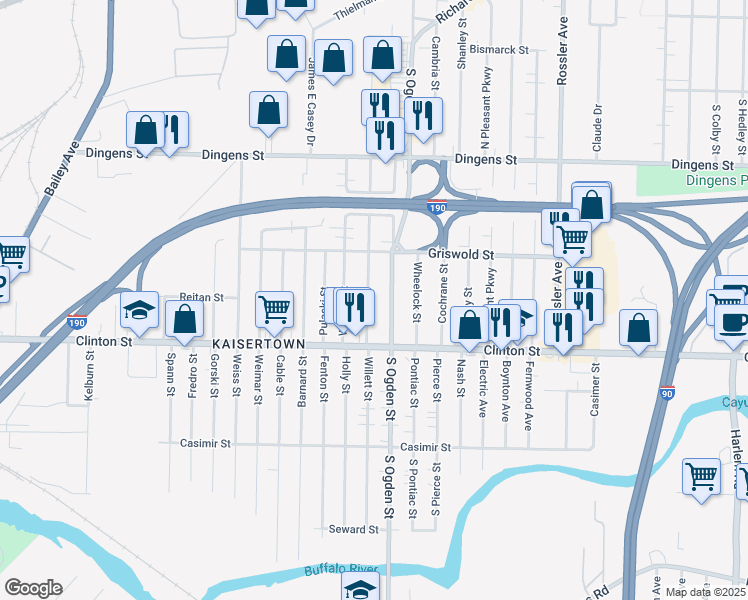 map of restaurants, bars, coffee shops, grocery stores, and more near 409 Willett Street in Buffalo
