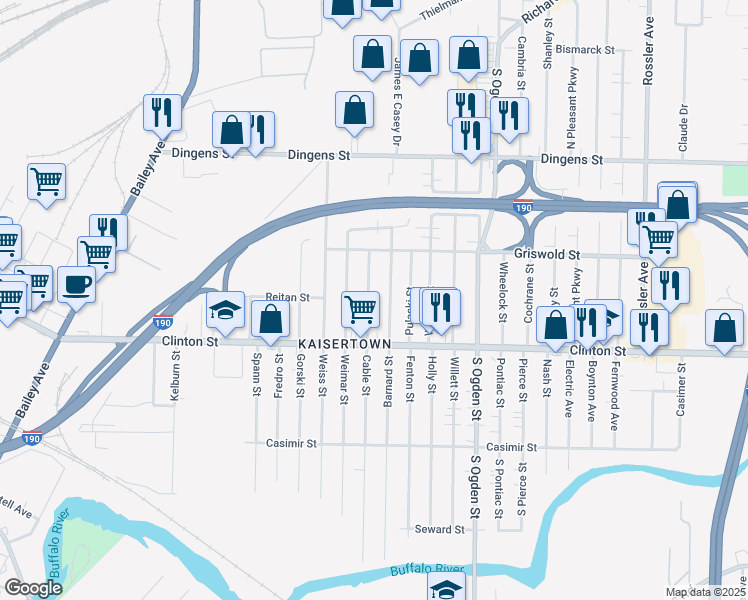 map of restaurants, bars, coffee shops, grocery stores, and more near 298 Cable Street in Buffalo