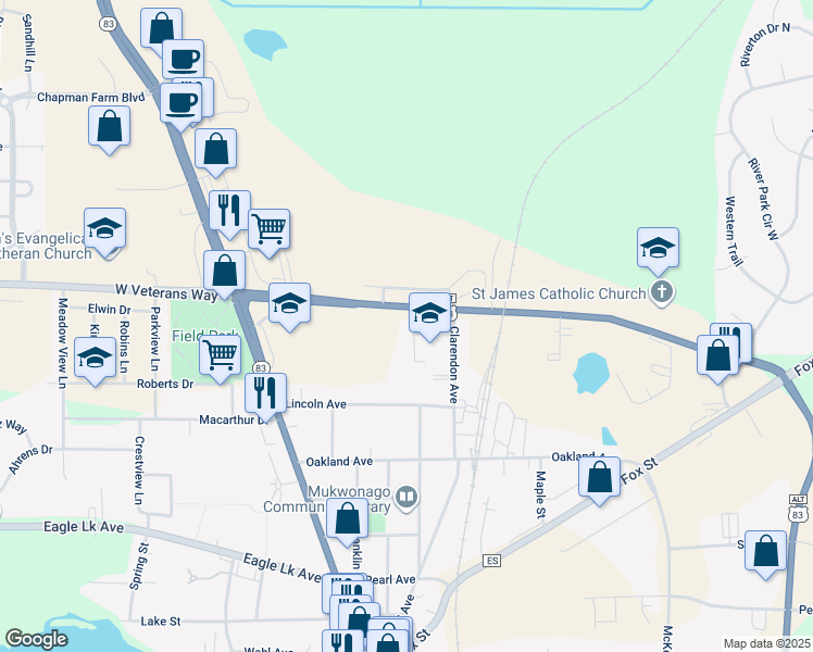 map of restaurants, bars, coffee shops, grocery stores, and more near 385 County Highway NN in Mukwonago