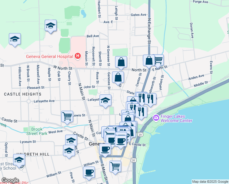 map of restaurants, bars, coffee shops, grocery stores, and more near 81 State Street in Geneva