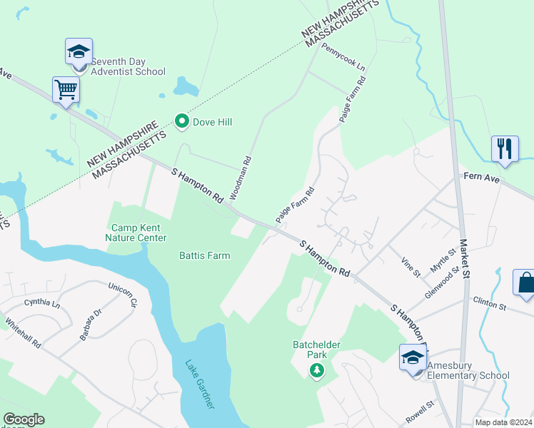 map of restaurants, bars, coffee shops, grocery stores, and more near 69 South Hampton Road in Amesbury