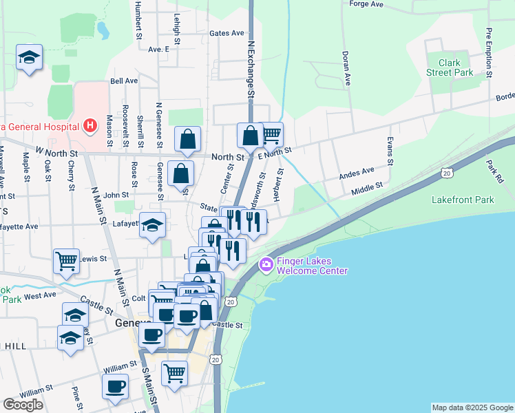 map of restaurants, bars, coffee shops, grocery stores, and more near 86 Wadsworth Street in Geneva