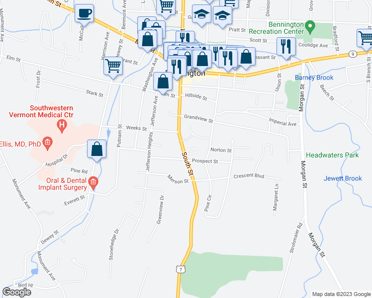 map of restaurants, bars, coffee shops, grocery stores, and more near 432 South Street in Bennington