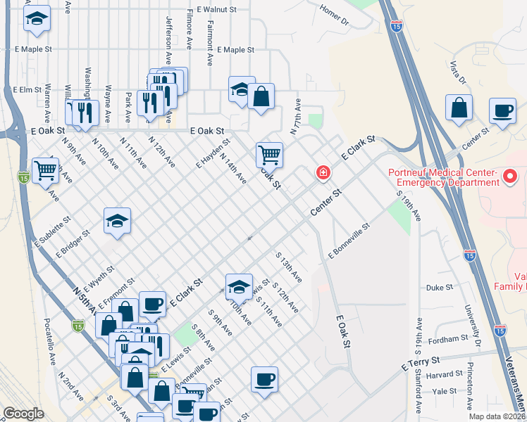 map of restaurants, bars, coffee shops, grocery stores, and more near 231 North 14th Avenue in Pocatello