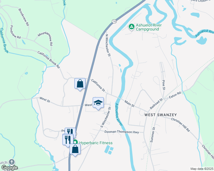 map of restaurants, bars, coffee shops, grocery stores, and more near 10 North Winchester Street in Swanzey