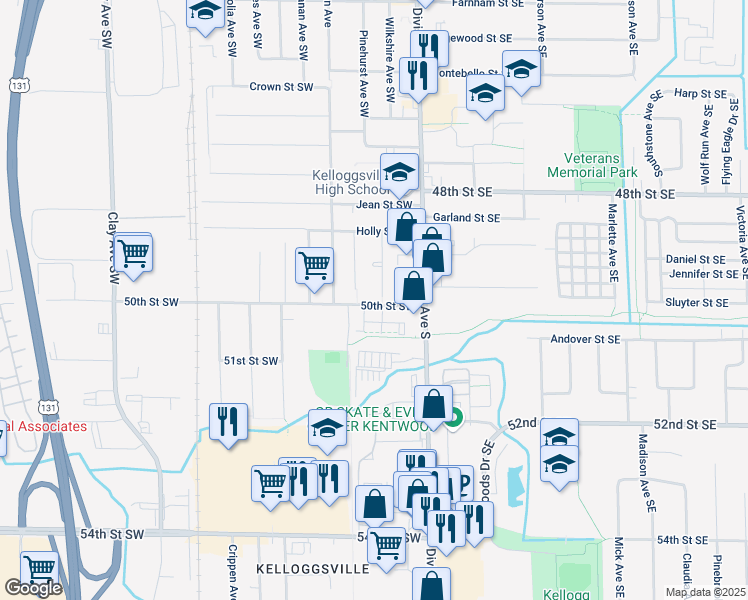 map of restaurants, bars, coffee shops, grocery stores, and more near 4953 Florida Avenue Southwest in Grand Rapids
