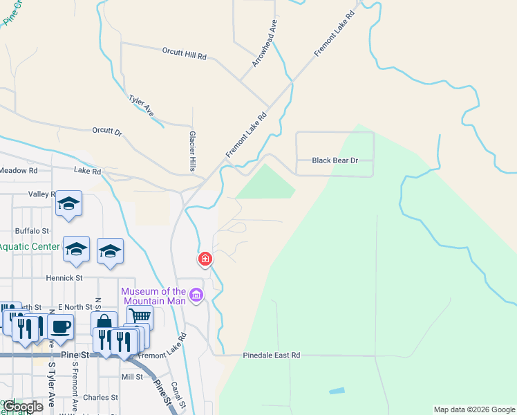 map of restaurants, bars, coffee shops, grocery stores, and more near 15 Skyview Drive in Pinedale