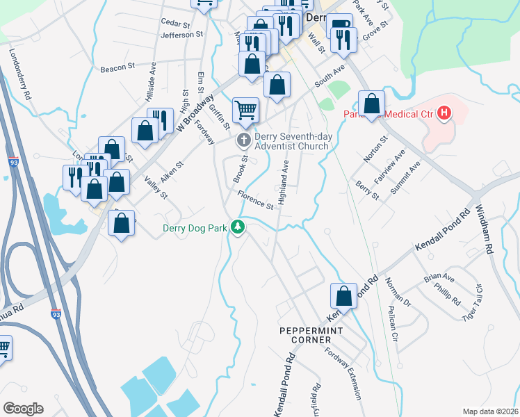 map of restaurants, bars, coffee shops, grocery stores, and more near 7 Florence Street in Derry