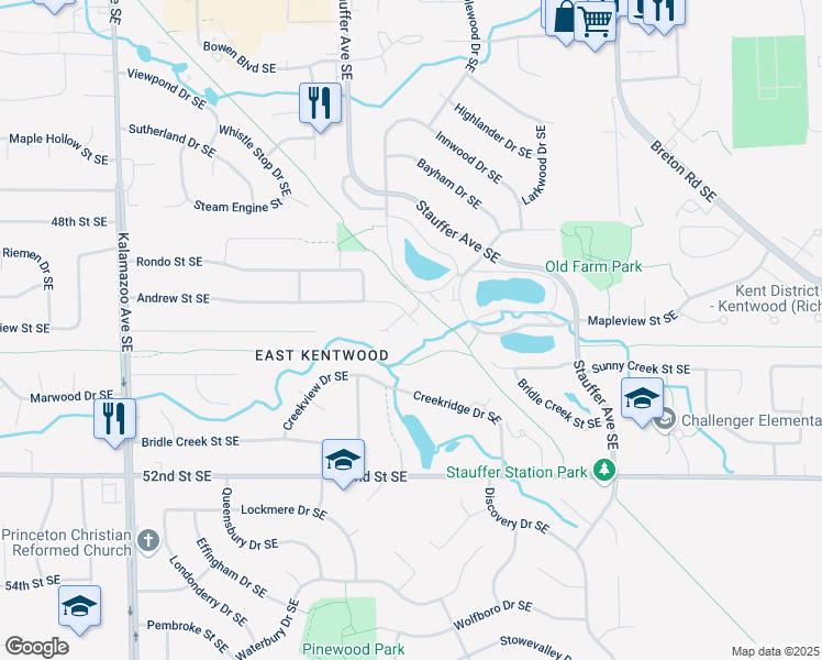 map of restaurants, bars, coffee shops, grocery stores, and more near 2072 Andrew Street Southeast in Kentwood