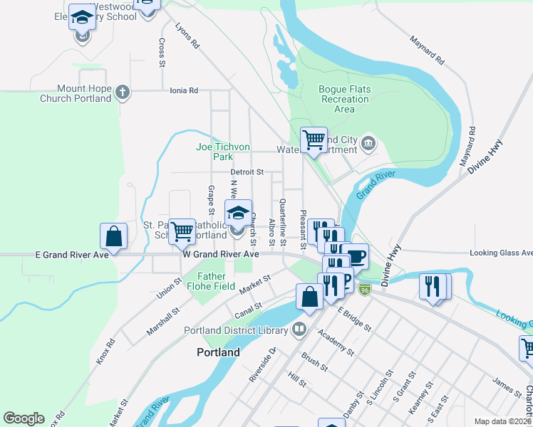 map of restaurants, bars, coffee shops, grocery stores, and more near 438 Center Street in Portland
