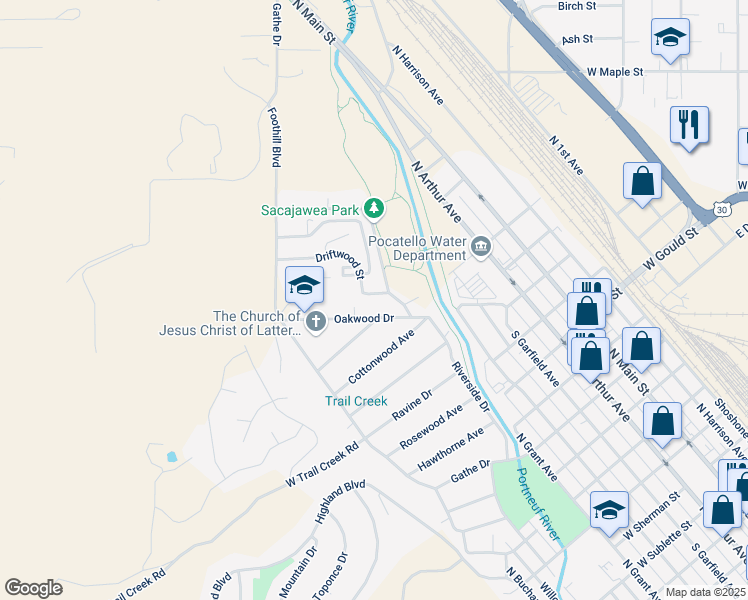 map of restaurants, bars, coffee shops, grocery stores, and more near 80 Oakwood Drive in Pocatello