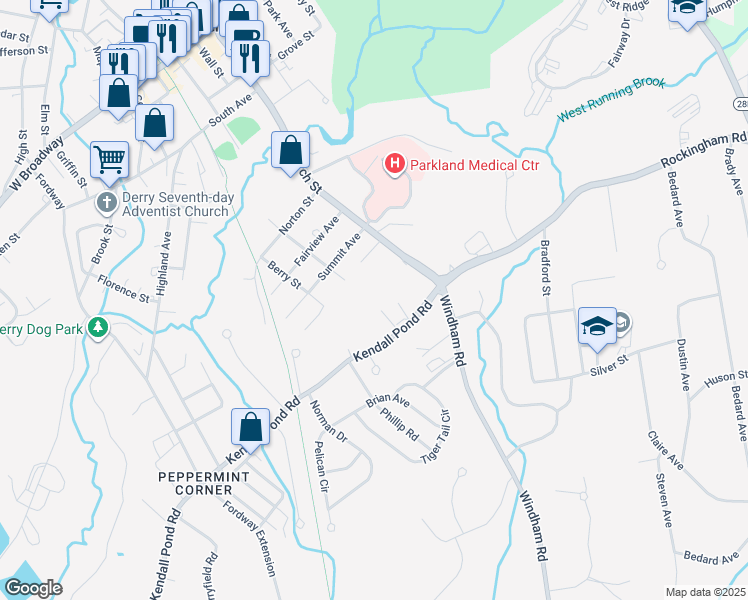 map of restaurants, bars, coffee shops, grocery stores, and more near 7 Kendall Pond Road in Derry