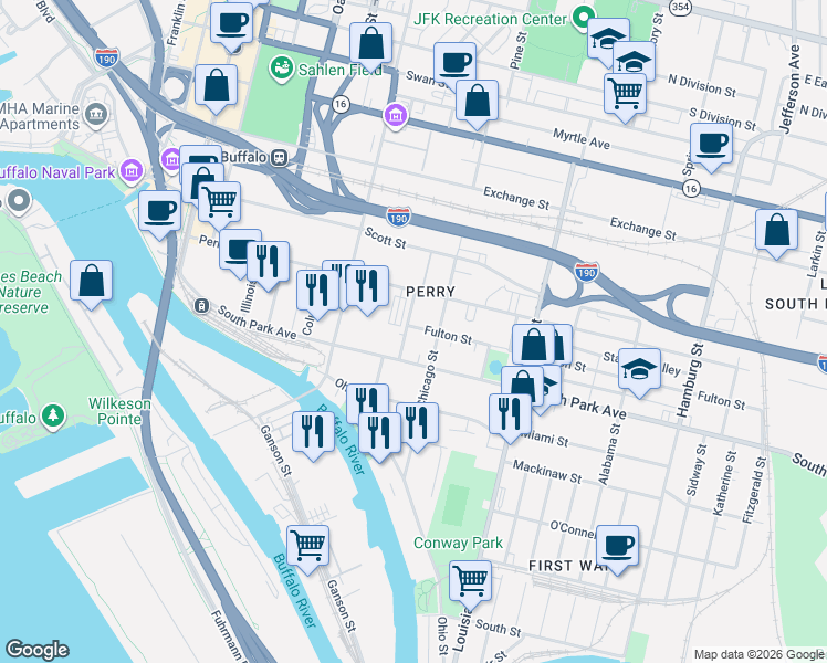 map of restaurants, bars, coffee shops, grocery stores, and more near 69 Fulton Street in Buffalo