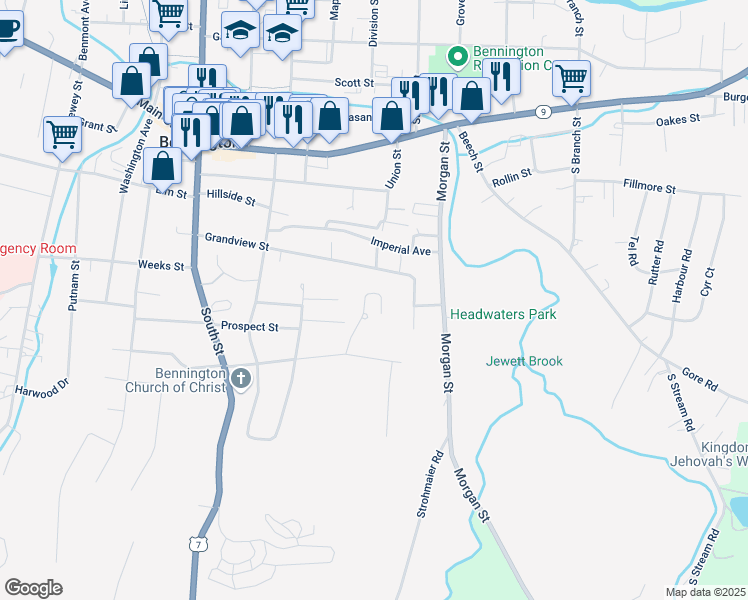 map of restaurants, bars, coffee shops, grocery stores, and more near 312 Crescent Boulevard in Bennington