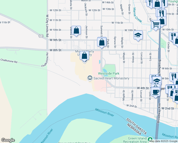 map of restaurants, bars, coffee shops, grocery stores, and more near 1105 West 8th Street in Yankton