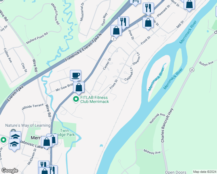 map of restaurants, bars, coffee shops, grocery stores, and more near 15 Essex Green in Merrimack