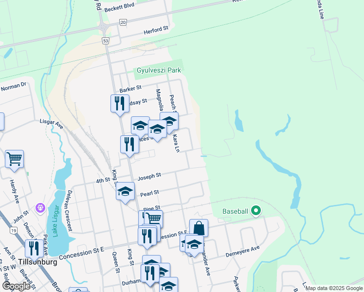 map of restaurants, bars, coffee shops, grocery stores, and more near 71 Kara Lane in Tillsonburg