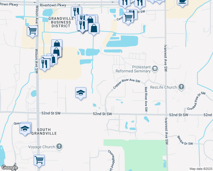map of restaurants, bars, coffee shops, grocery stores, and more near 3555 Copper River Avenue Southwest in Wyoming