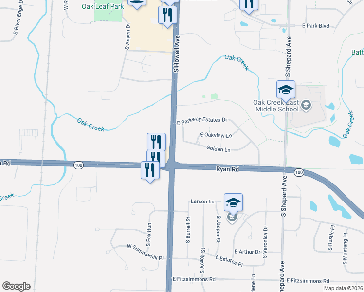map of restaurants, bars, coffee shops, grocery stores, and more near 9444 South Howell Avenue in Oak Creek