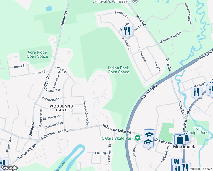 map of restaurants, bars, coffee shops, grocery stores, and more near 127 Indian Rock Road in Merrimack