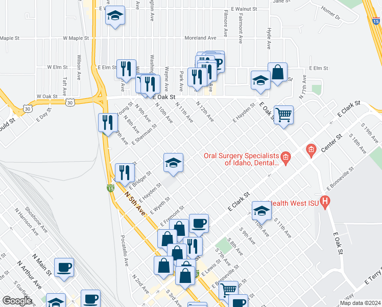map of restaurants, bars, coffee shops, grocery stores, and more near 1040 East Hayden Street in Pocatello
