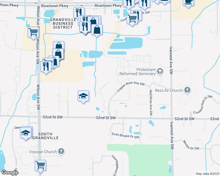 map of restaurants, bars, coffee shops, grocery stores, and more near 3555 Copper River Avenue Southwest in Grandville