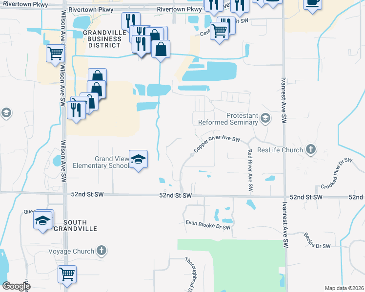 map of restaurants, bars, coffee shops, grocery stores, and more near 3555 Copper River Avenue Southwest in Wyoming