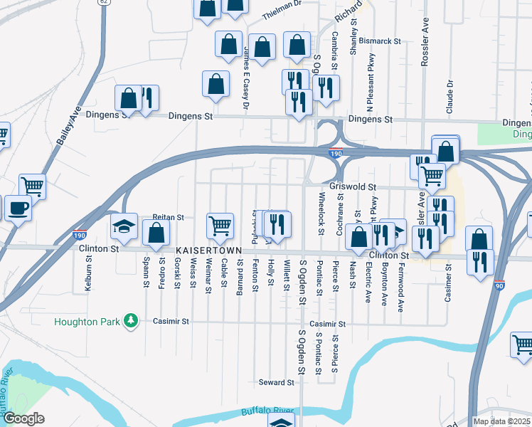 map of restaurants, bars, coffee shops, grocery stores, and more near 41 Weaver Street in Buffalo