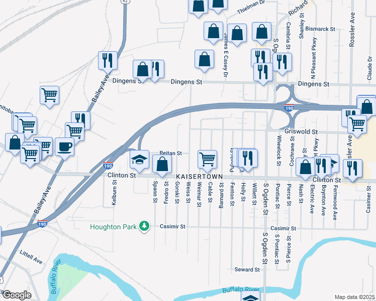 map of restaurants, bars, coffee shops, grocery stores, and more near 223 Weiss Street in Buffalo