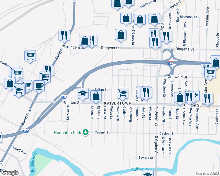 map of restaurants, bars, coffee shops, grocery stores, and more near 223 Weiss Street in Buffalo