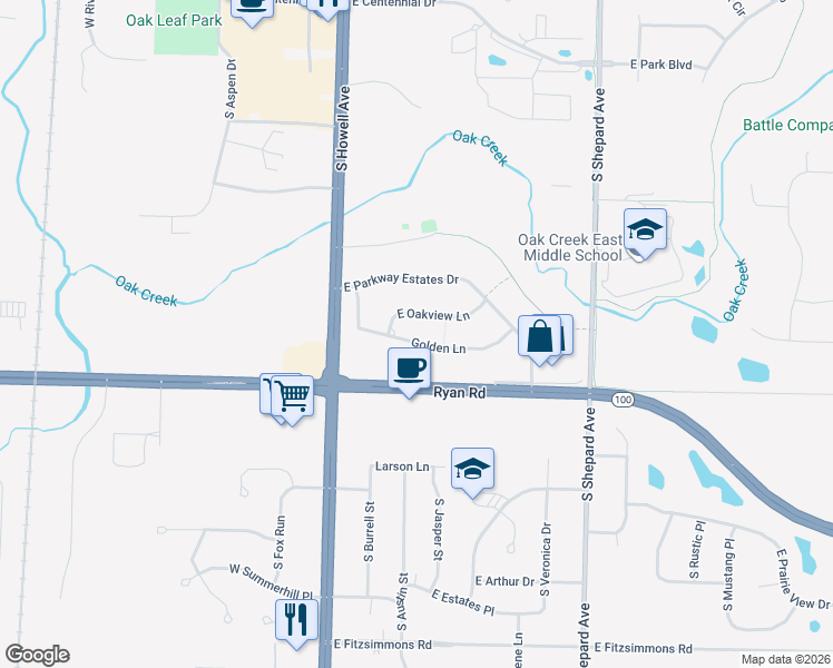 map of restaurants, bars, coffee shops, grocery stores, and more near 375 Golden Lane in Oak Creek