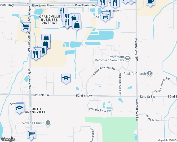 map of restaurants, bars, coffee shops, grocery stores, and more near 3555 Copper River Avenue Southwest in Grandville