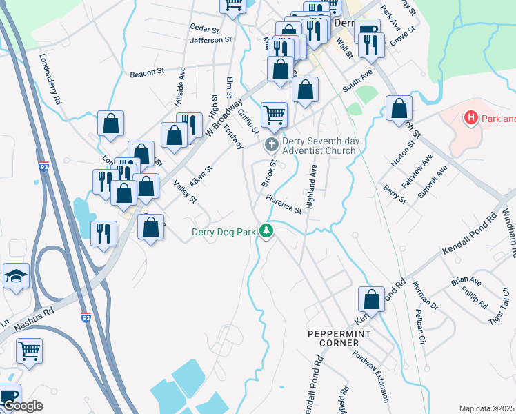 map of restaurants, bars, coffee shops, grocery stores, and more near 30 Brook Street in Derry