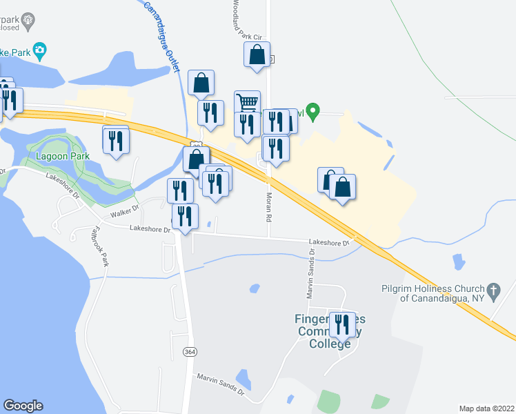 map of restaurants, bars, coffee shops, grocery stores, and more near 3230 Moran Road in Canandaigua